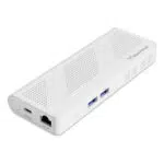 Front render of the compact Minisforum S100 PC stick highlighting its array of ports USB32 Gen2 Type A HDMI USB32 Gen2 Type C and RJ45 25G Ethernet Powered by the Intel N100 processor this device ensures low power consumption and quiet performance It also supports PoE IEEE 8023at enhancing both power delivery and efficiency