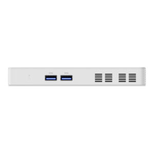 Side render of the Minisforum S100 PC stick, displaying its slim and compact profile. Visible ports include USB3.2 Gen2 Type-A, HDMI, USB3.2 Gen2 Type-C, and RJ45 2.5G Ethernet. Equipped with the Intel N100 processor, the device offers low power consumption, quiet operation, and supports PoE IEEE 802.3at for efficient power delivery