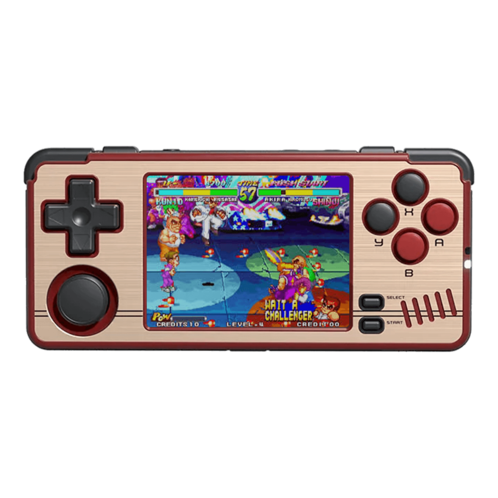 Console di gioco portatile MiYoo A30 nei colori rosso e oro, con un design elegante e vivace per gli appassionati di giochi retrò.