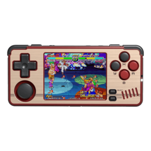 MiYoo A30 handheld gaming console in red and gold colors, featuring a stylish and vibrant design for retro gaming enthusiasts