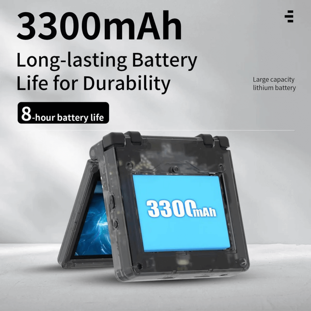 Anbernic RG35xxSP handheld gaming console with a 3300mAh battery, featuring a sleek and modern design. The console includes a vibrant screen, ergonomic controls, and a compact form factor ideal for portable gaming, offering extended playtime with its high-capacity battery.