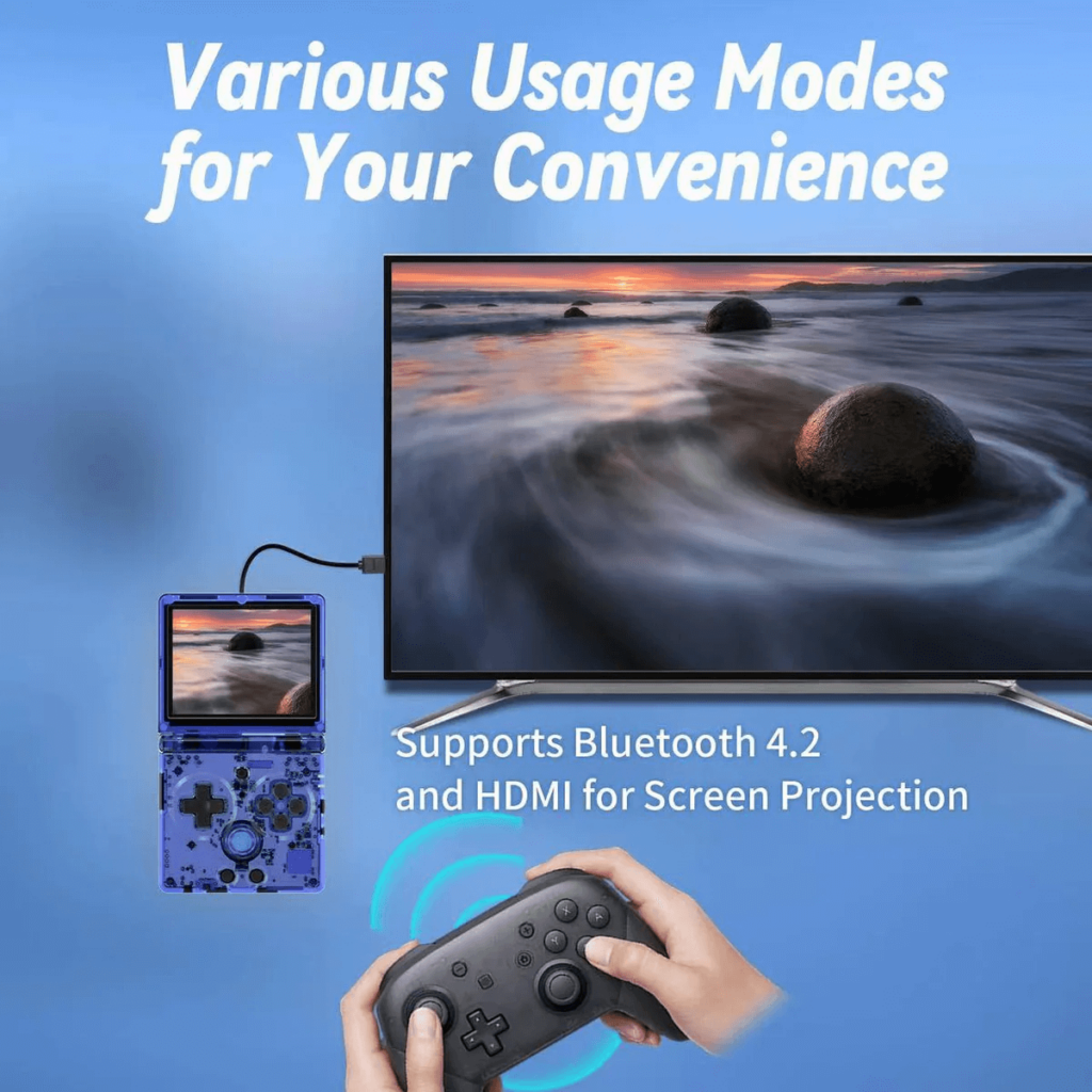 Anbernic RG35xxSP handheld gaming console with versatile usage modes, Bluetooth 4.2 support, and HDMI connectivity. The console features a sleek design, vibrant screen, ergonomic controls, and a compact form factor ideal for portable gaming.