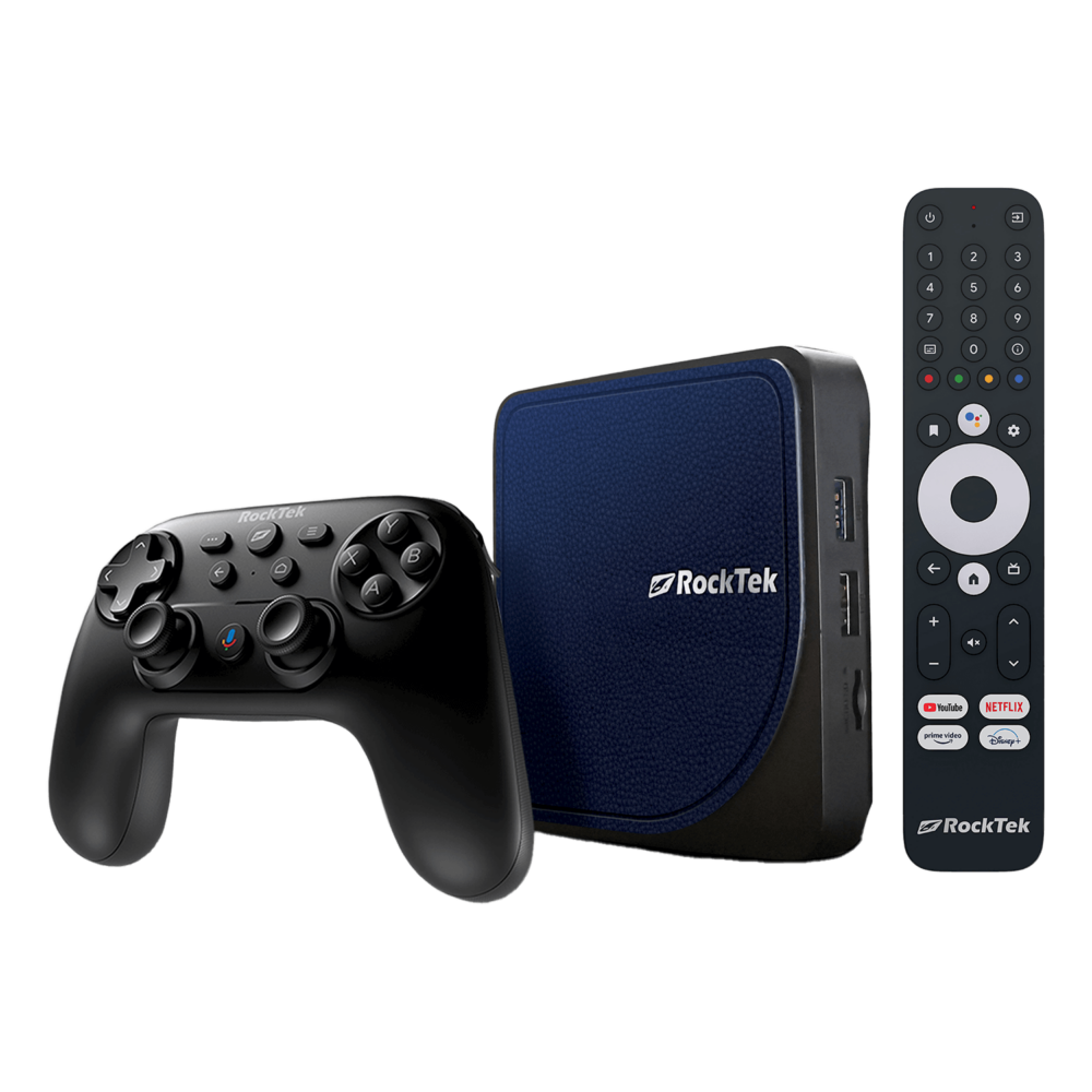 Dispositivo di streaming multimediale Rocktek G2 con controller wireless, che mostra un box di streaming nero compatto e un controller nero abbinato con più pulsanti per la navigazione e il controllo.