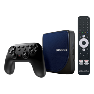 Rocktek G2 media streaming device with a wireless controller, showing a compact black streaming box and a matching black controller with multiple buttons for navigation and control.