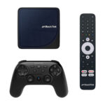 Rocktek G2 media streaming device with accompanying wireless controller, featuring a compact design and multiple buttons for navigation and media control.