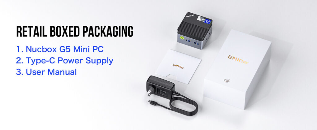 GMKtec NucBox G5 box contents include the mini PC itself, power adapter, user manual, and necessary cables for setup.