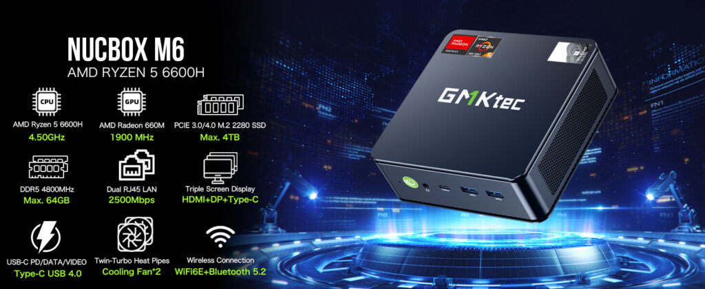 "GMKtec NucBox M6 mini PC featuring AMD Ryzen 5 6600H processor and Radeon 660M graphics, designed for powerful computing and graphics performance in a compact form factor."


