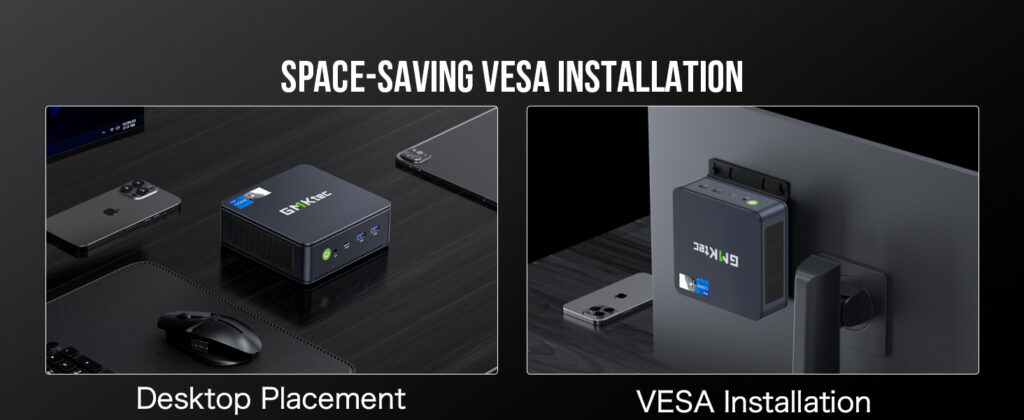 GMKtec NucBox K7 Plus mini PC with VESA mount installation capability, ideal for space-saving setups behind monitors or on walls.