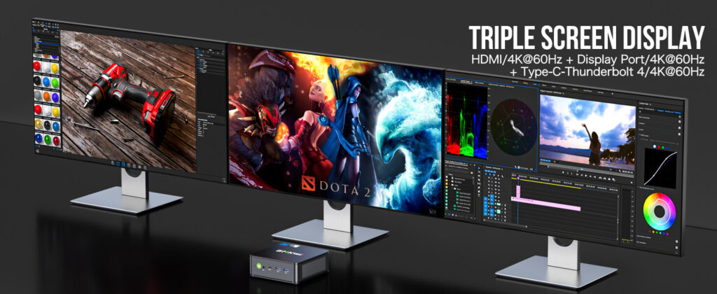 GMKtec NucBox K7 Plus mini PC with triple-screen display capability, ideal for multitasking and maximizing productivity.