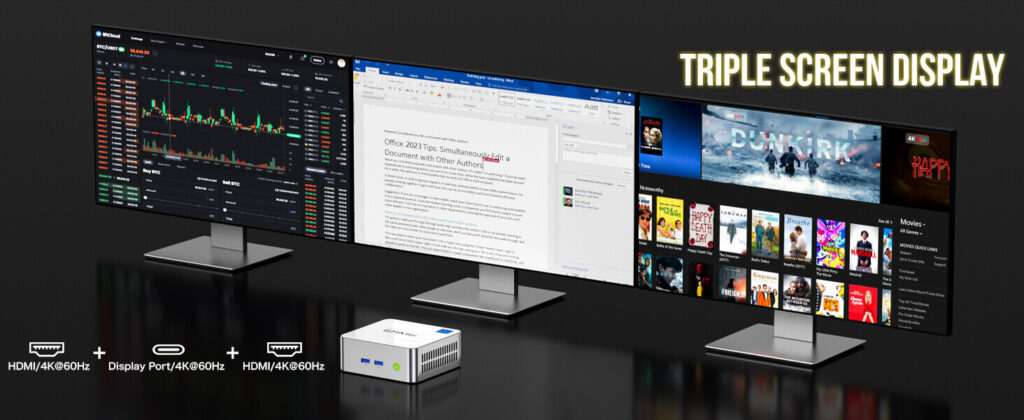 GMKtec NucBox M3 mini PC with triple display output capability, ideal for versatile multitasking and productivity.