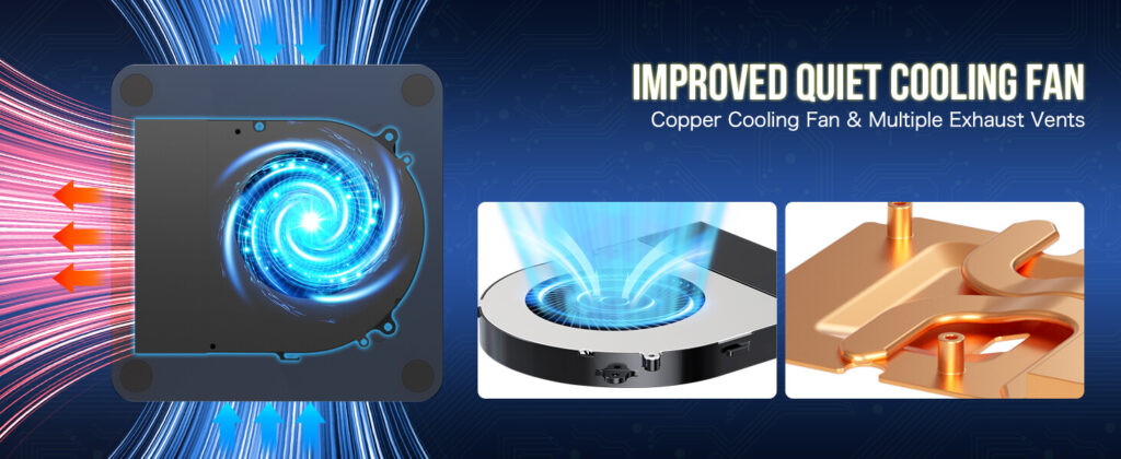 GMKtec NucBox M5 mini PC equipped with a cooling fan for efficient heat dissipation and optimal performance