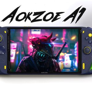 Imagen de la AOKZOE A1: una consola portátil de juegos de alta resolución con un diseño elegante y moderno. El dispositivo cuenta con una gran pantalla táctil en el centro, flanqueada por dos conjuntos de botones de control y sticks analógicos a ambos lados. La consola tiene una forma aerodinámica y ergonómica, diseñada para un uso cómodo con la mano. La pantalla muestra una vibrante escena de juego que pone de relieve las capacidades gráficas de la consola. El esquema de color general es una mezcla de negro y gris oscuro, lo que le da un aspecto profesional y elegante.