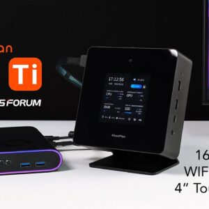 Minisforum AtomMan X7 Ti, featuring a sleek, modern design. The device includes multiple ports such as USB, HDMI, and Ethernet. It is designed for high performance with advanced cooling systems, ensuring efficient and quiet operation.