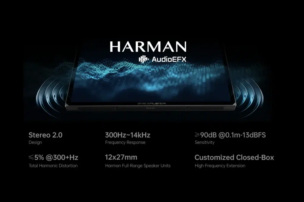 A Harman-branded audio setup with AudioEFX technology. The speaker specifications include a frequency response range of 300Hz to 14kHz, with a sensitivity level of over 90dB. The stereo 2.0 design has low total harmonic distortion (<5% at 300+Hz) and utilizes 12x27mm Harman full-range speaker units for immersive sound quality in a customized closed-box design.