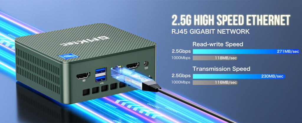 GMKtec G3 mini PC featuring 2.5G high-speed Ethernet with an RJ45 gigabit network port. The device boasts a sleek, compact black design with a front-facing power button and multiple connectivity options on the back, including HDMI, USB, and Ethernet