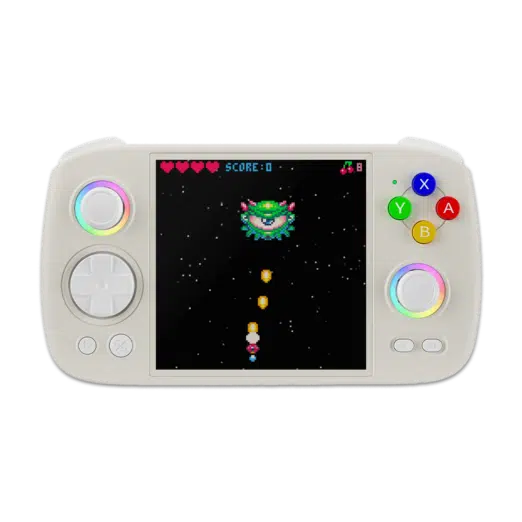 Front view render of the Anbernic RG Cube handheld gaming console in beige and white. The device has a compact, square-shaped design with a beige body and white buttons. The screen is centered with two control buttons on each side, and additional buttons below the screen. The console features a minimalist aesthetic with a retro-inspired look.