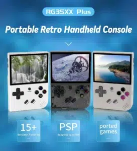 Anbernic RG35XX Plus: Stylish and ergonomic gaming console available in Transparent Black, Grey, and White colors. Compact dimensions of 4.6 x 3.1 x 0.8 inches (11.7 x 8.1 x 2.2 cm) and lightweight at 186g for comfort and portability during extended gaming sessions.
