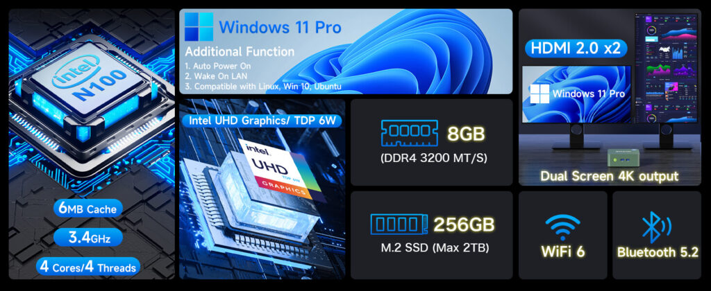 GMKtec G3 N100 mini PC running Windows 11 Pro, equipped with Intel UHD Graphics, WiFi 6, and Bluetooth 5.2. The compact black unit has a modern design with a smooth finish, front-facing power button, and an array of connectivity ports on the back, including HDMI, USB, and Ethernet.