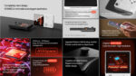 Collage showcasing features of AYANEO Pocket DMG. Highlights include retro design, 15W cooling system, ergonomic shape, innovative joystick and touchpad, MagicSwitch wheel key, 3.92" OLED screen, AYASpace software, Qualcomm Snapdragon G3x Gen 2 platform, 6000mAh battery, Hall Sensing Joystick, and coastline shoulder buttons. Images show the device in black and white colors, emphasizing its compact size and minimalist aesthetics