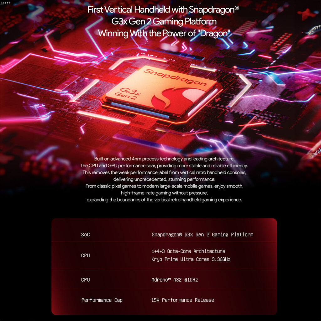 Promotional image for AYANEO Pocket DMG featuring the Snapdragon G3x Gen 2 Gaming Platform It emphasizes being the first vertical handheld with this processor showcasing its 1+4+3 Octa Core Architecture with Kryo Prime Ultra Cores at 336GHz Adreno A32 GPU at 816Hz and 15W performance release