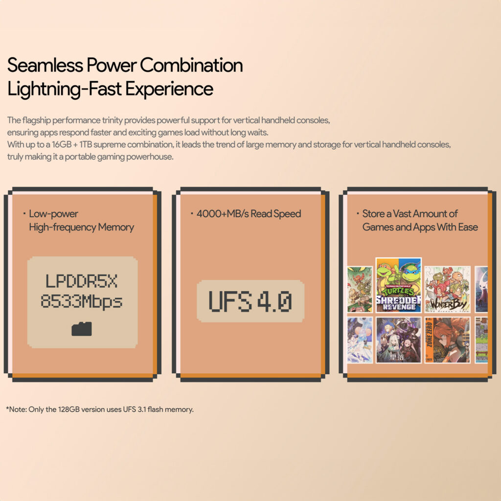 Infographic detailing the Seamless Power Combination of the AYANEO Pocket DMG highlighting its high speed memory LPDDR5X at 8533Mbps fast storage UFS 40 with 4000+ MBs read speed and large capacity for storing games and apps It mentions up to 16GB RAM and 1TB storage options