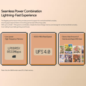 Infographic detailing the "Seamless Power Combination" of the AYANEO Pocket DMG, highlighting its high-speed memory (LPDDR5X at 8533Mbps), fast storage (UFS 4.0 with 4000+ MB/s read speed), and large capacity for storing games and apps. It mentions up to 16GB RAM and 1TB storage options.