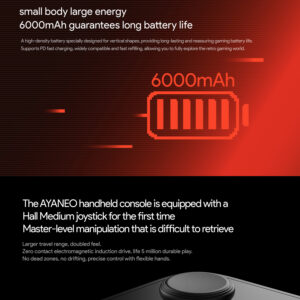 Marketing image showcasing the AYANEO Pocket DMG's 6000mAh battery, emphasizing long battery life and PD fast charging support. The lower part introduces the Hall Medium joystick, highlighting its precision, durability (5 million uses), and enhanced control features.