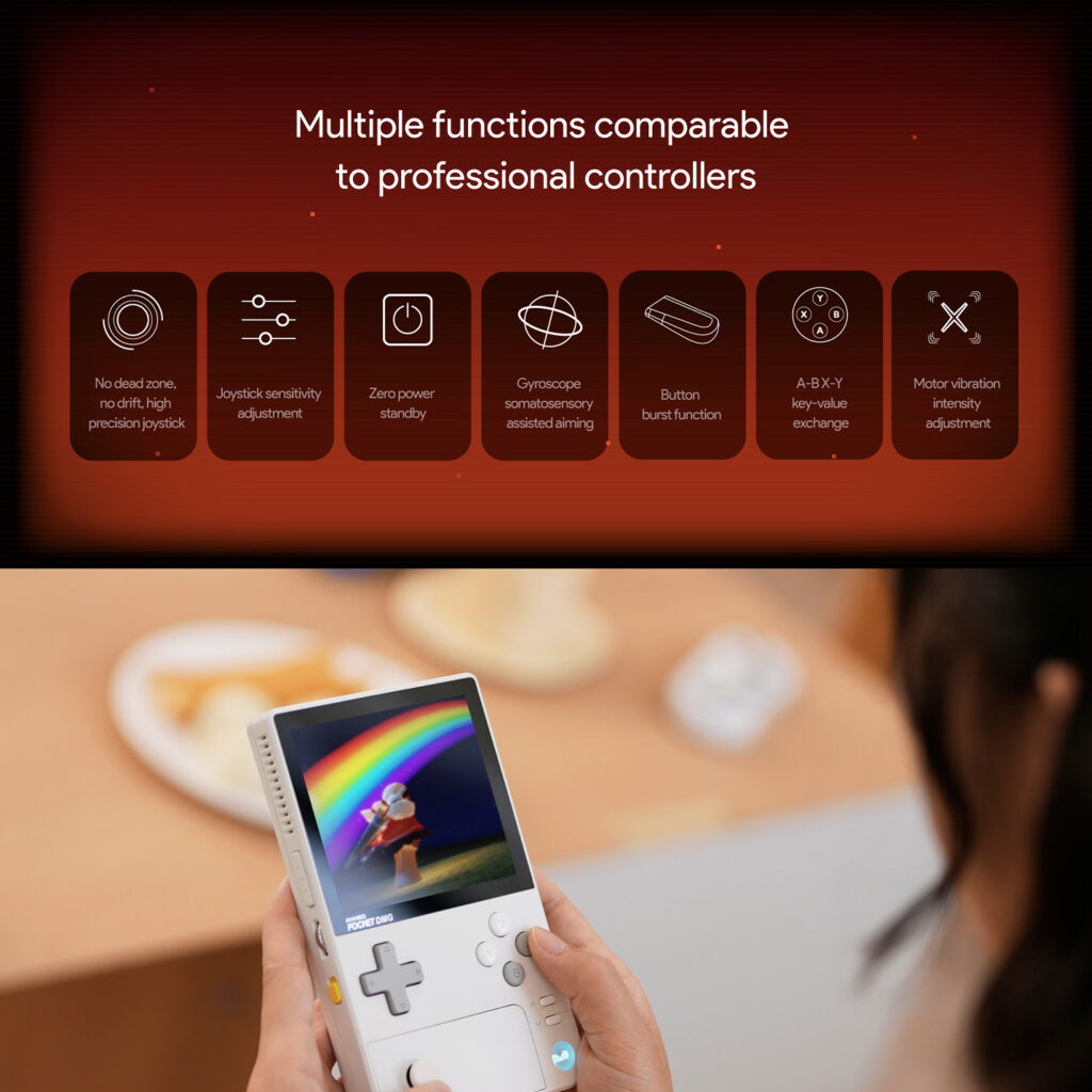 Infographic showcasing multiple functions of the AYANEO Pocket DMG comparable to professional controllers Features include high precision joystick adjustable sensitivity zero power standby gyroscope assisted aiming button burst function A B X Y key value exchange and adjustable motor vibration intensity Below a hand holds the white device displaying a colorful game screen
