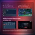 Quad-panel image detailing software features of the AYANEO Pocket DMG. Top left shows device camouflage options to unlock higher quality settings. Top right displays insensitive button mapping. Bottom panels showcase an upgraded game scraping experience with a large cloud database and optimized UX for importing game packages, featuring various retro game platforms and emulators.