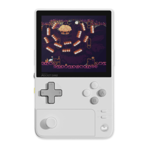 Vista frontal del AYANEO Pocket DMG en color Moon White, que destaca su diseño de mano vertical con una vibrante pantalla OLED de 3,92 pulgadas, botones de control y joystick analógico.