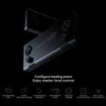 A sleek black handheld gaming device called AYANEO Pocket Micro shown at an angle highlighting its slim profile and button layout Below are icons representing various features like gyroscope aiming high precision joysticks and button customization options