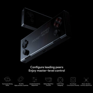 A sleek black handheld gaming device called AYANEO Pocket Micro shown at an angle, highlighting its slim profile and button layout. Below are icons representing various features like gyroscope aiming, high-precision joysticks, and button customization options.