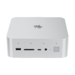 Front view of Beelink GTi14 Ultra mini PC. Silver square device with rounded edges. Visible ports include USB, SD card slot, USB-C, and audio jack. Beelink logo on top. Power button with LED indicator on the right side.