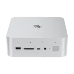 Front view of Beelink GTi14 Ultra mini PC. Silver square device with rounded edges. Visible ports include USB, SD card slot, USB-C, and audio jack. Beelink logo on top. Power button with LED indicator on the right side.