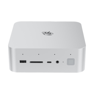 Front view of Beelink GTi14 Ultra mini PC. Silver square device with rounded edges. Visible ports include USB, SD card slot, USB-C, and audio jack. Beelink logo on top. Power button with LED indicator on the right side.