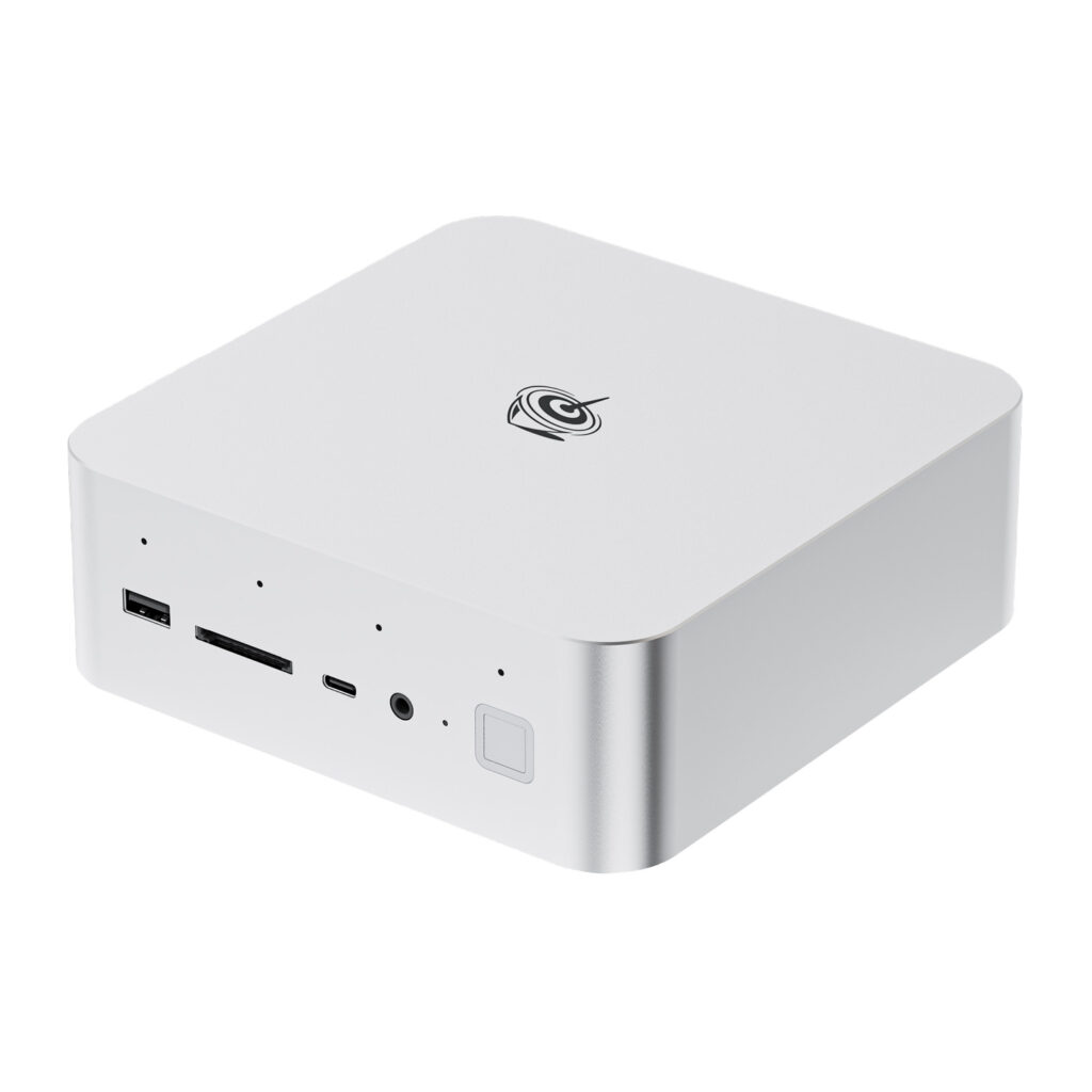 Beelink GTi14 Ultra mini PC in silver Compact square device with rounded edges Front view shows USB card reader and audio ports Side view displays the Beelink logo on top Dimensions 158 x 158 x 558mm