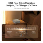 32dB Near-Silent Operation infographic. Shows a Beelink GTi14 Ultra mini PC on a bedside table in a dimly lit room. A sound level chart compares its 32dB(A) noise level to breathing (10dB(A)) and office noise (45dB(A)). Text emphasizes quiet operation for nighttime tranquility.