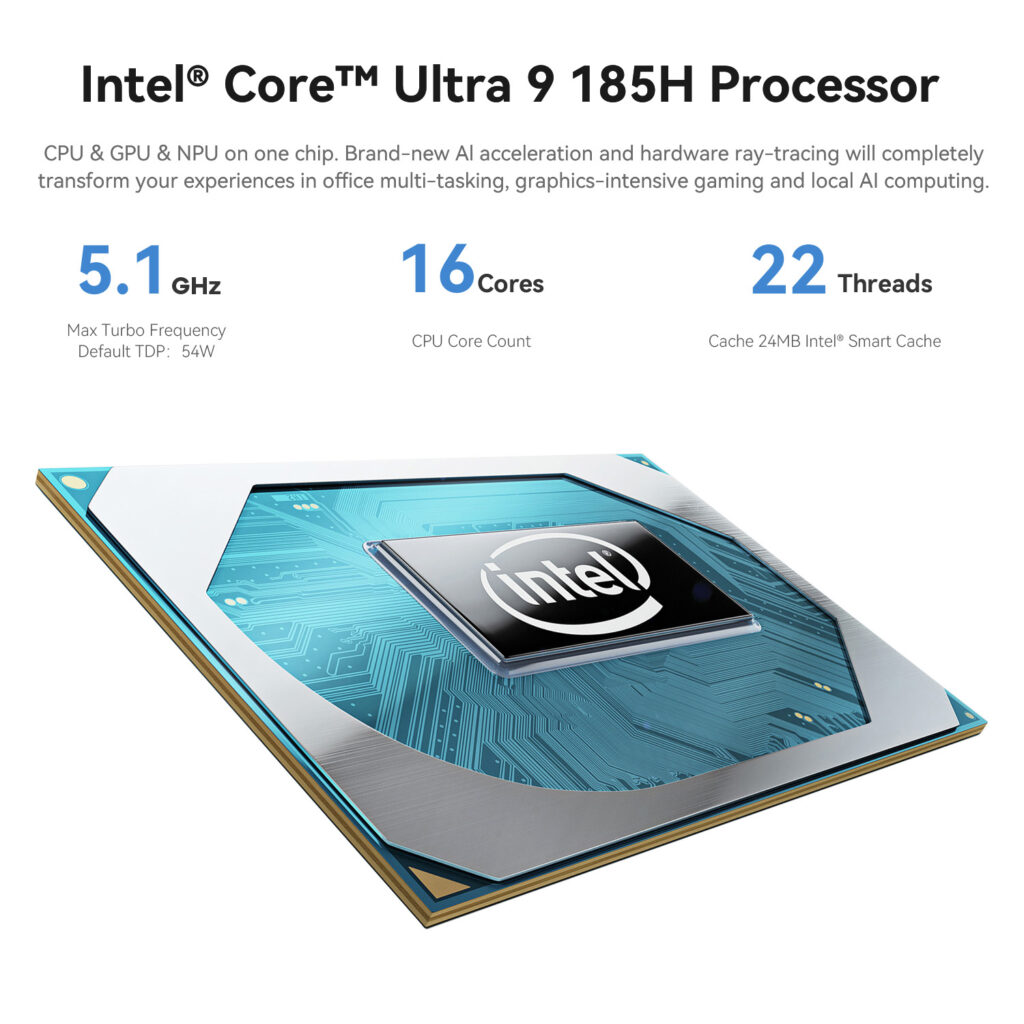 Infographic showcasing Intel Core Ultra 9 185H Processor Features 51 GHz max turbo frequency 16 cores and 22 threads Image of the processor chip with Intel logo Text highlights CPU GPU and NPU on one chip for AI acceleration and hardware ray tracing