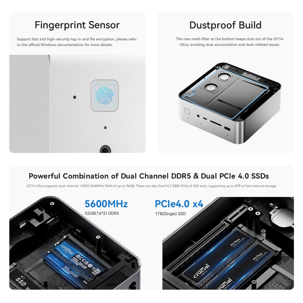 Dual image showcasing Fingerprint Sensor and Dustproof Build of GTi14 Ultra Left Close up of fingerprint sensor Right Cutaway view of device showing mesh filter at bottom Text describes fast secure login and dust prevention features
