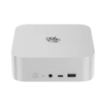 The Beelink SER8 mini PC in silver is a compact, square device with rounded corners. The front panel features a power button, USB ports, and an audio jack. The side view highlights its sleek metal casing. The logo is prominently displayed on the top surface. The product measures approximately 135mm x 135mm x 50mm.