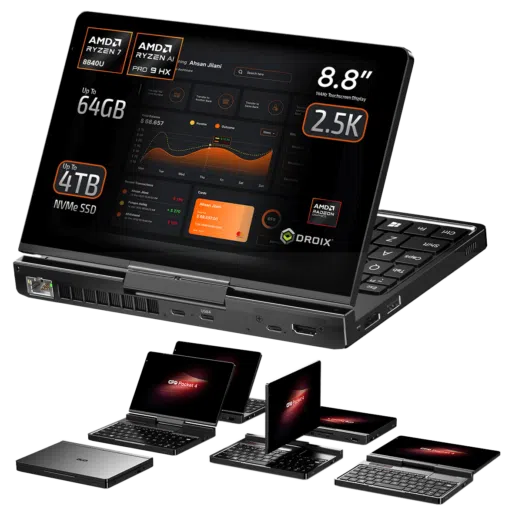 Front view of the GPD Pocket 4 highlighting its 8.8-inch 2.5K touchscreen display. Powered by AMD Ryzen 7 8840U or AMD Ryzen AI Pro 9 HX, with options for up to 64GB RAM and up to 4TB NVMe SSD. Showcases modular design and multiple configurations for productivity and portability.