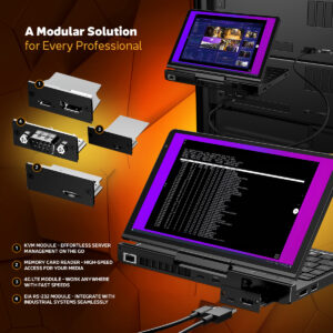 The GPD Pocket 4 with modular attachments for professional use, including KVM, memory card reader, 4G LTE, and RS-232 modules. Displaying a high-resolution screen with coding and server management tools in use.