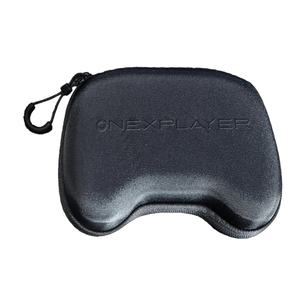 A sleek black gaming controller case is depicted with its lid open, showcasing a dark gray ONEXPLAYER controller nestled inside. The controller boasts glowing analog sticks, a directional pad, and an array of buttons. The case features a zippered closure and a padded interior for enhanced protection.