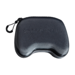 A sleek black gaming controller case is depicted with its lid open, showcasing a dark gray ONEXPLAYER controller nestled inside. The controller boasts glowing analog sticks, a directional pad, and an array of buttons. The case features a zippered closure and a padded interior for enhanced protection.