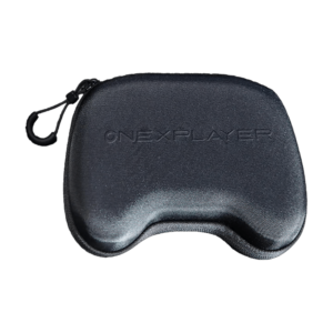 A sleek black gaming controller case is depicted with its lid open, showcasing a dark gray ONEXPLAYER controller nestled inside. The controller boasts glowing analog sticks, a directional pad, and an array of buttons. The case features a zippered closure and a padded interior for enhanced protection.