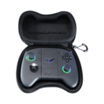 A black protective case for a gaming controller is shown open, revealing a dark gray ONEXPLAYER controller inside. The controller features illuminated analog sticks, a d-pad, and various buttons. The case has a zipper closure and appears padded for protection.