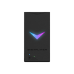 The front panel of an ONEXPLAYER handheld gaming device. It features a black rectangular design with a glowing V-shaped logo in blue and purple. The ONEXPLAYER branding is visible below the logo, along with two small indicator lights.