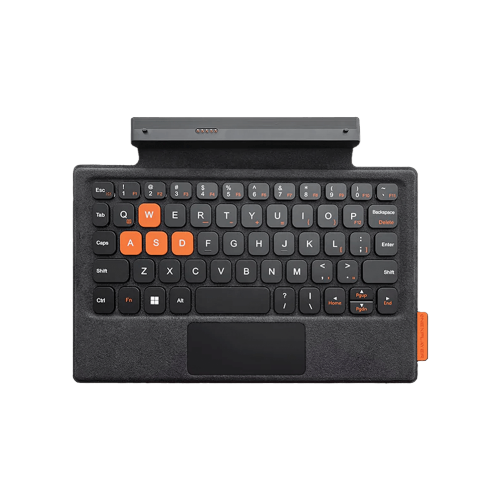 A detachable keyboard for the ONEXPLAYER device. It has a compact layout with black keys and orange highlights on certain keys like WASD. The keyboard includes a small touchpad and connects to the device via a connector at the top.