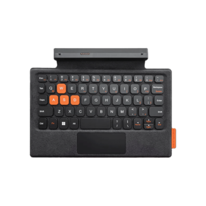 A detachable keyboard for the ONEXPLAYER device. It has a compact layout with black keys and orange highlights on certain keys like WASD. The keyboard includes a small touchpad and connects to the device via a connector at the top.