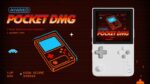 Marketing image for AYANEO Pocket DMG featuring a retro-style pixelated graphic of the device alongside a realistic render. The pixelated side shows "1UP 999" and "HIGH SCORE 999999," while the realistic side displays the white handheld with its screen, D-pad, and buttons. The AYANEO Pocket DMG logo appears in a retro-inspired font with the tagline "Real Gamers know Gamers.